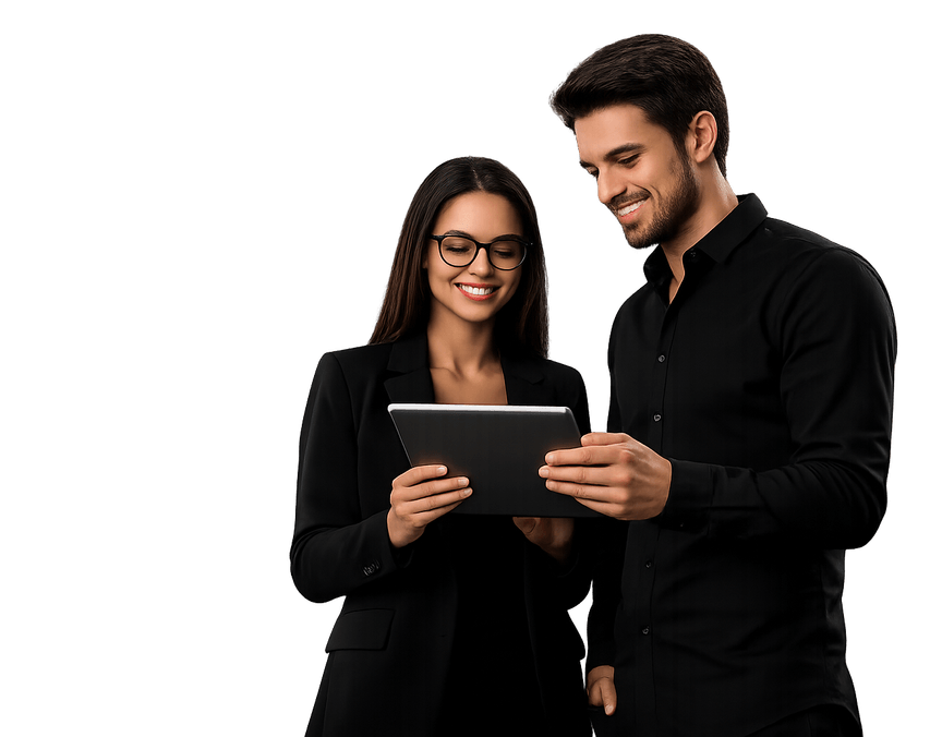 A man showing something on a tablet to a woman