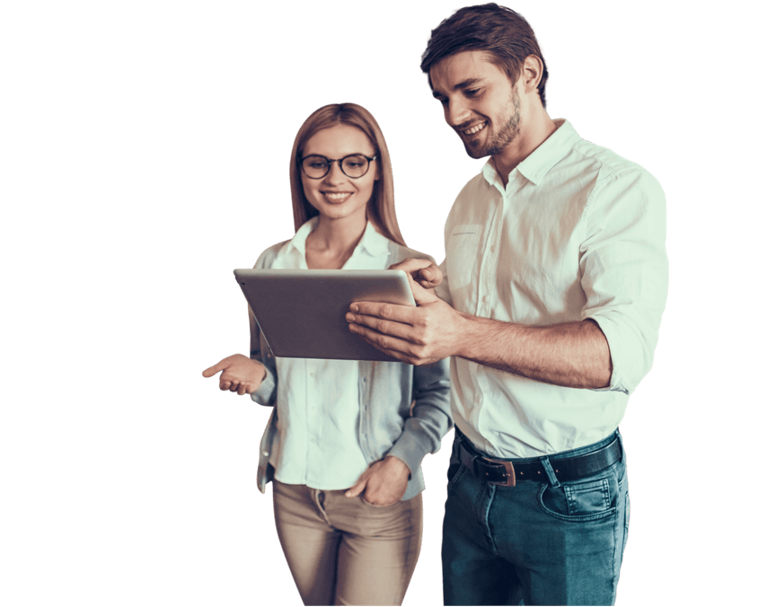 A man showing something on a tablet to a woman