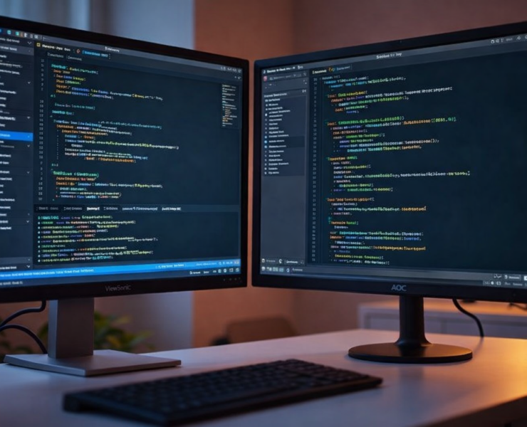 Zwei Monitore mit Code Editoren